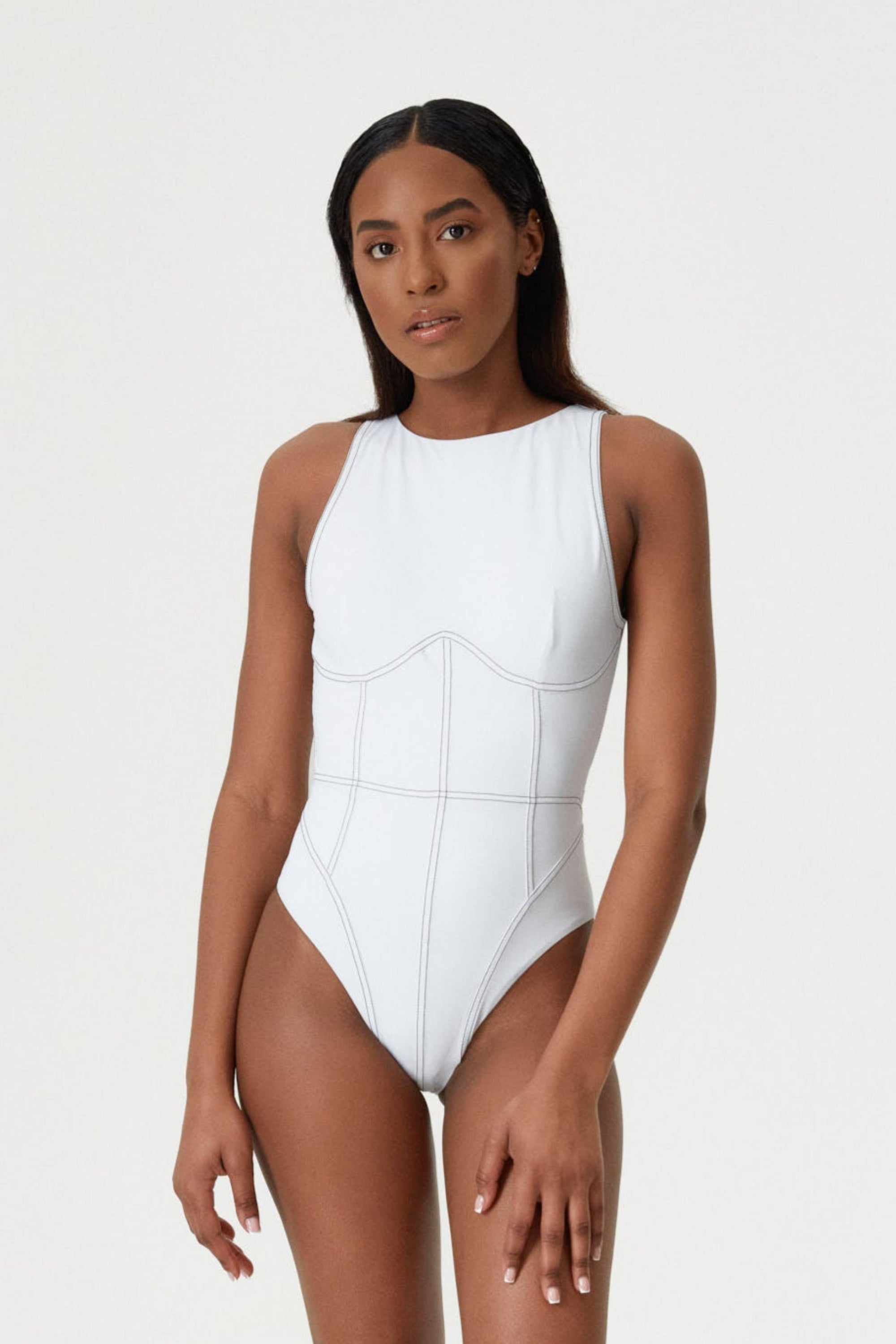 Costum de baie întreg cu spate decupat Corset Lines Alb