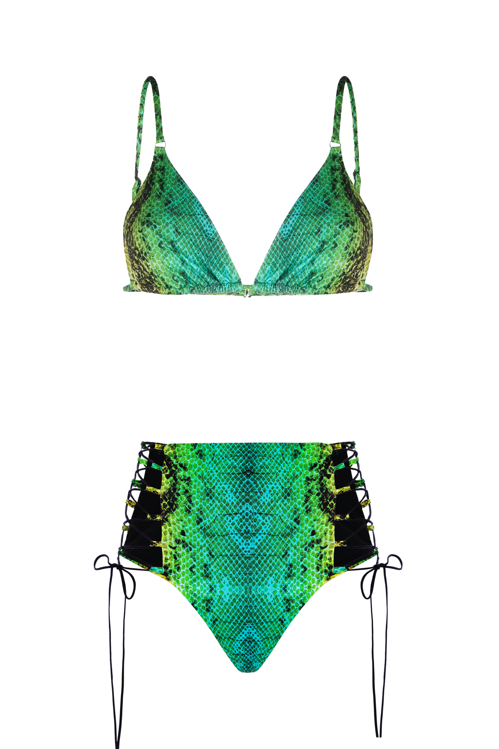 Top Triunghi Șarpe Verde & Slip High Waist cu Șireturi Laterale