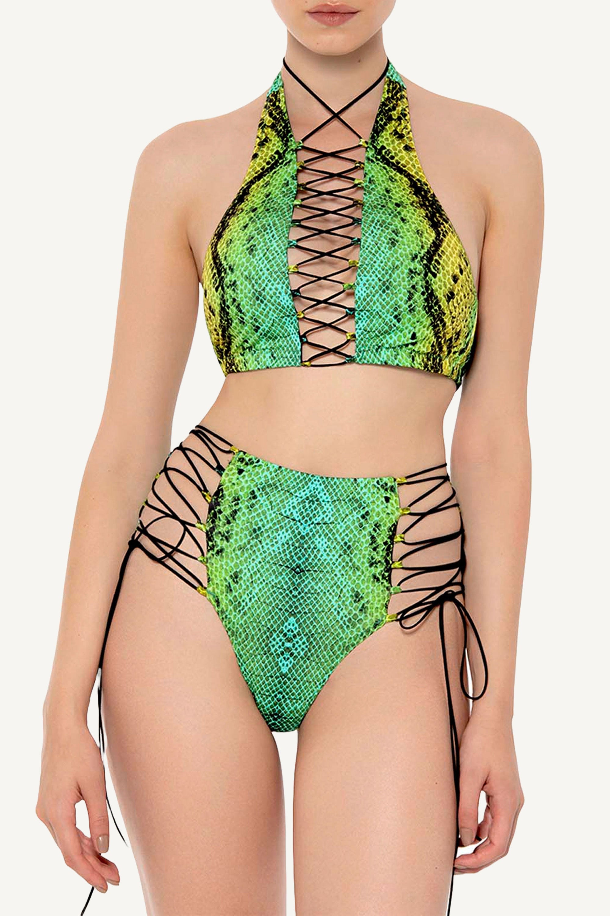Green Snake Tie Side High Waist Bottom