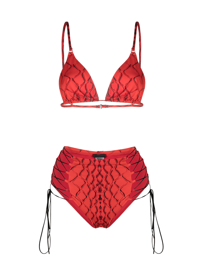 Red Snake Tanning Top & Tie Side High Waist Bikini