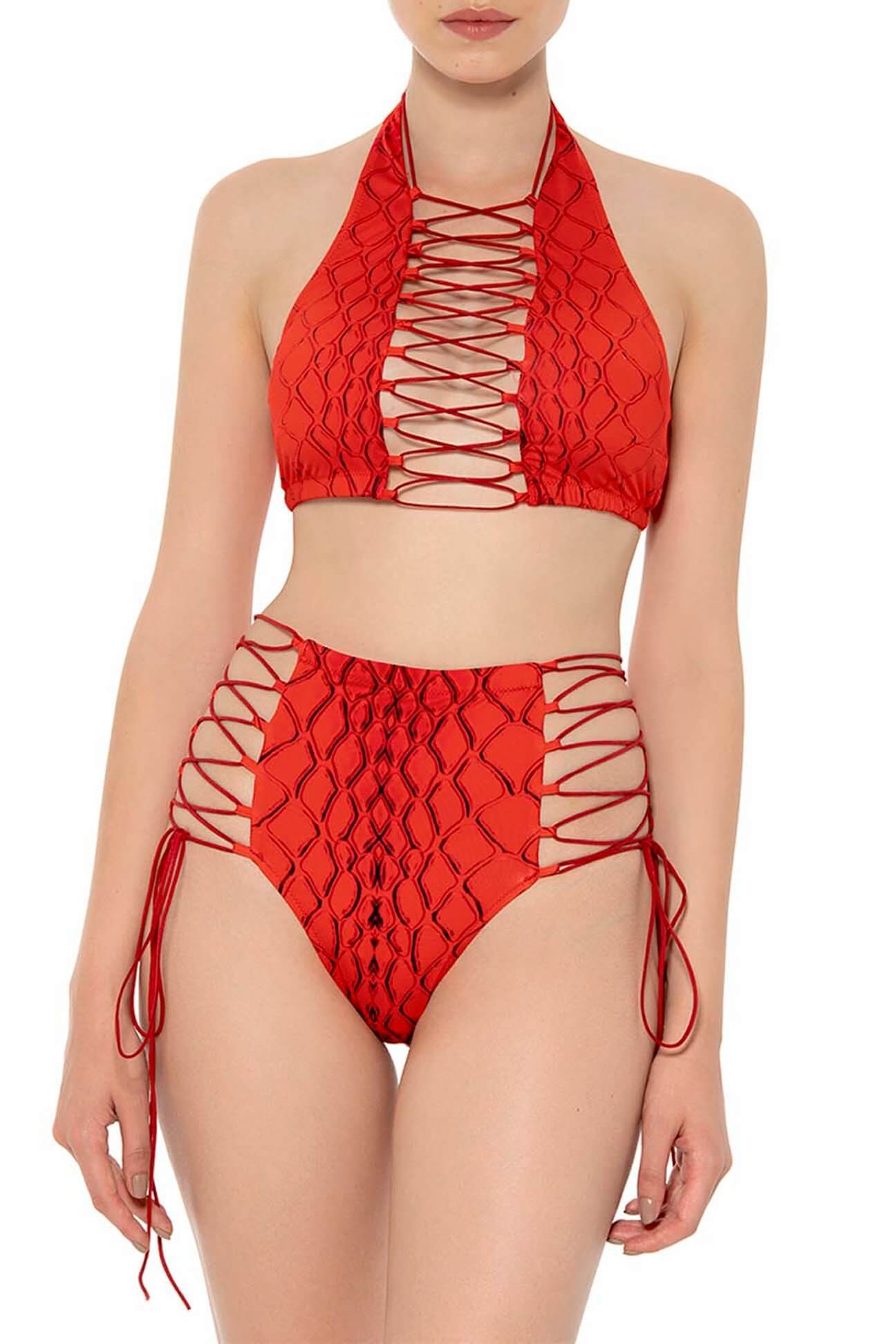 Red Snake High Waist Bikini